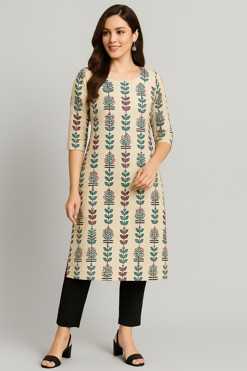 Elegant Printed Straight Kurti set for Women – Cotton Fabric | Beige with Multicolor Floral Block Print | Office & Casual Wear