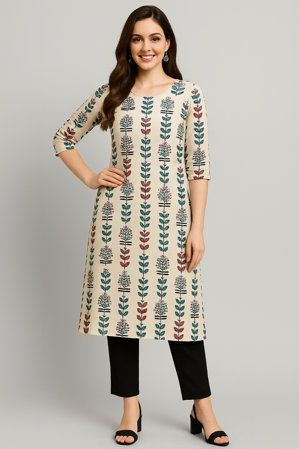 Elegant Printed Straight Kurti set for Women – Cotton Fabric | Beige with Multicolor Floral Block Print | Office & Casual Wear