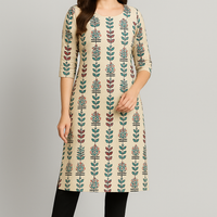 Elegant Printed Straight Kurti set for Women – Cotton Fabric | Beige with Multicolor Floral Block Print | Office & Casual Wear