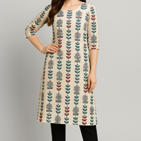 Elegant Printed Straight Kurti set for Women – Cotton Fabric | Beige with Multicolor Floral Block Print | Office & Casual Wear